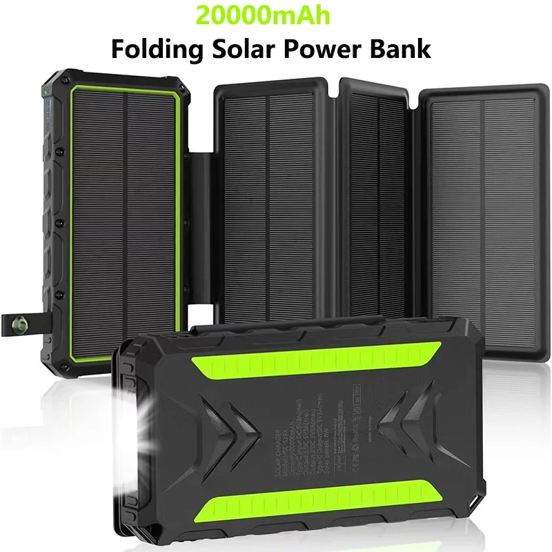 

20000mAh Folding Solar Power Bank with 4 Solar Panel Dual USB Type C Port Portable Charger External Battery Powerbank for Phone