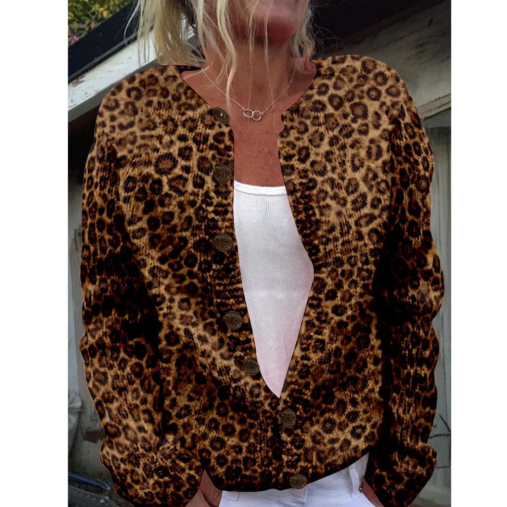 

Осень-зима вязаный леопардовый кардиган, свитер, уличная одежда, женские свитера, вязаный топ, повседневные крутые джемперы, модные
