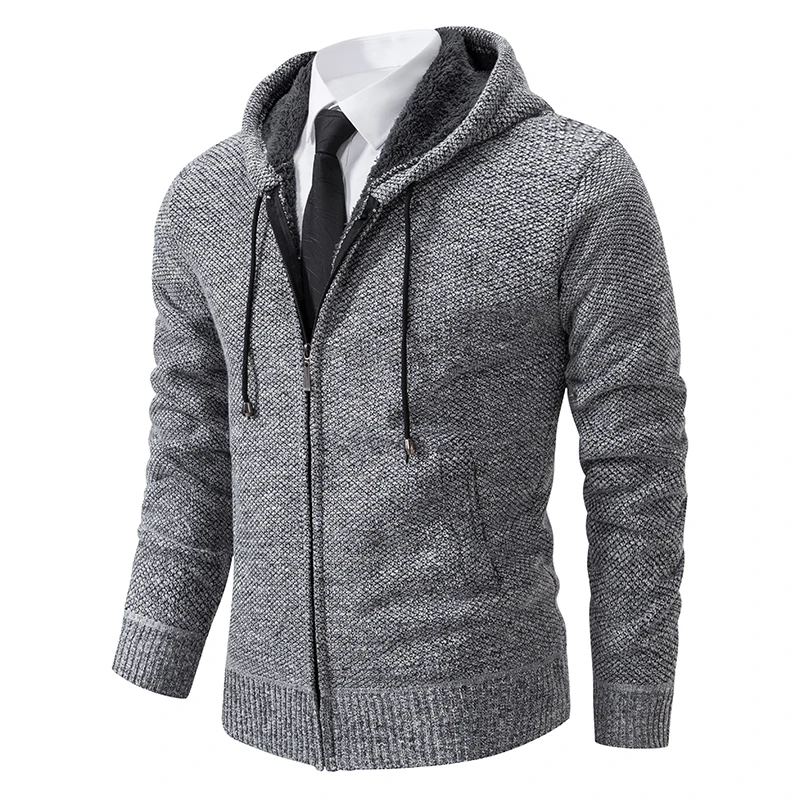 Men\'s Fashion Solid Color Hooded Pullover Sweater Cardigan Autumn Winter Fleece Thick Warm Coat Casual Sports Sweater