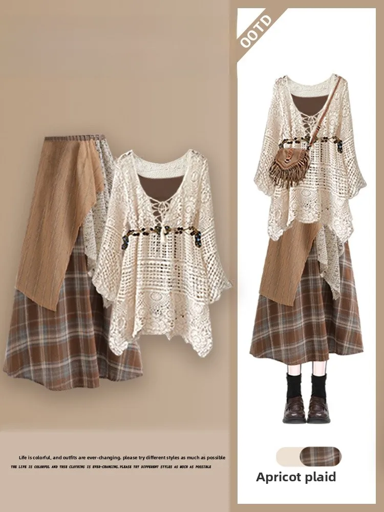 Large Size Women's Hollow out irt And Plaid  Skirt Set Casual Sle Long Sve V-Ne Knit Top Tee-Piece Set for Ear...