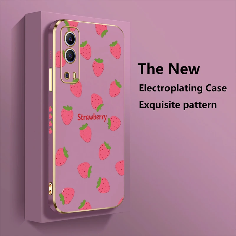 Plating TPU Soft Phone Case For Vivo IQOO U5X U1X Strawberry Pattern Cover For IQOO Neo Z3 Z7 Shockproof Silicone Fundas view 3