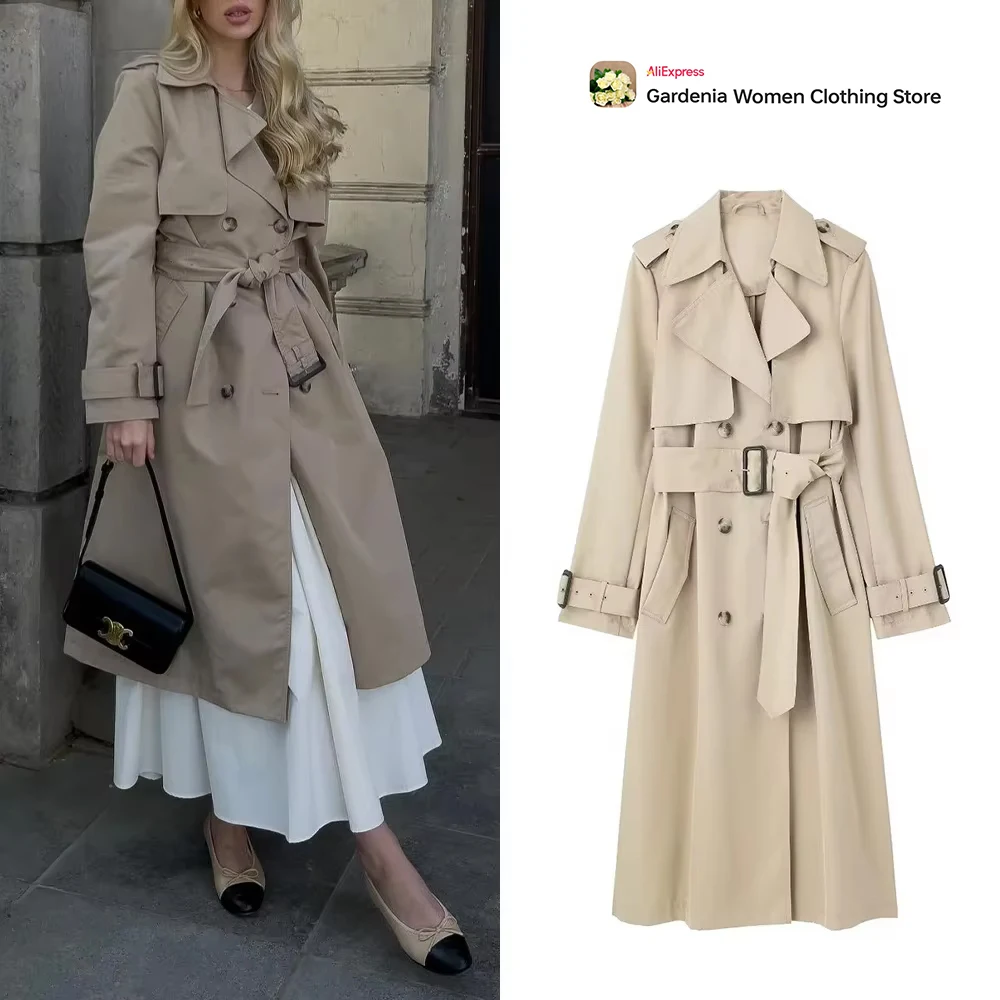 Fashion Women Long Trench Coat with Epaulettes Vintage Double Breasted Buttons Streetwear Mujer Coat with Adjustable Tonal Belt
