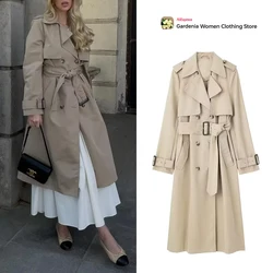 Fashion Women Long Trench Coat with Epaulettes Vintage Double Breasted Buttons Streetwear Mujer Coat with Adjustable Tonal Belt