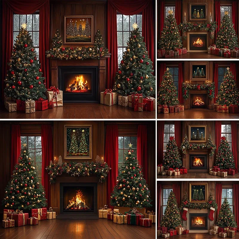 LS Photography Background Christmas Fireplace Bear Panel Wall Xmas Tree Kids Family Portrait Decor Backdrop Photo Studio