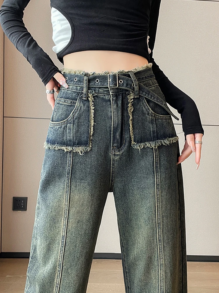 

Retro Cement Grey Straight Leg Jeans For Women Spring Autumn High Waist Loose Design Hairy Edge Floor Dragging Wide Leg Pants