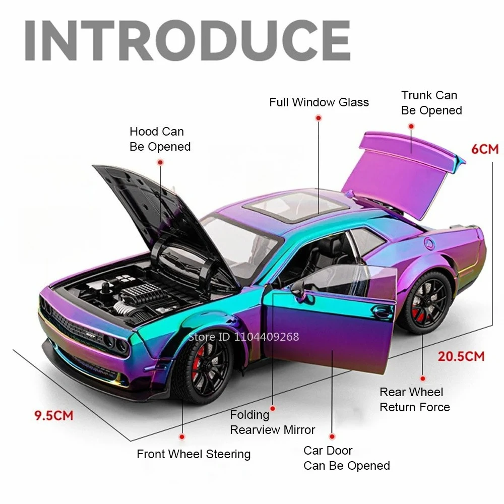 1:24 Hellcat Charger 1970 Toy Car Model Pull Back Alloy Diecast Rubber Tires Miniature Models Metal Cars Gift for Birthdays view 4