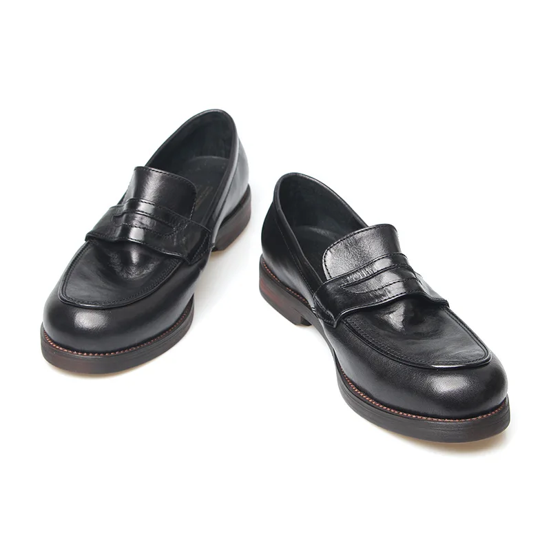 EURO Size 38-44 British Men's Vintage Polished Old Slip On Leather Flat Shoes Top Layer Cowhide Casual Simple Loafers