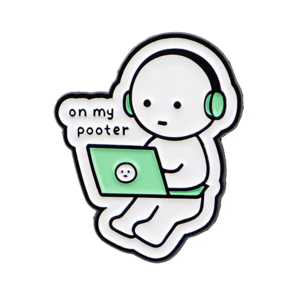 Cute Earphone Figurine Quotation Brooch on My Pooter Fun Cartoon Pin Versatile Backpack Clothes Decorative Pins Accessories