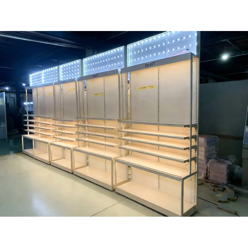 custom.Cosmetics Shop Display Rack Metallic White Full Wall LED Custom Multi Tier Skincare Shelf Beauty Retail Mall