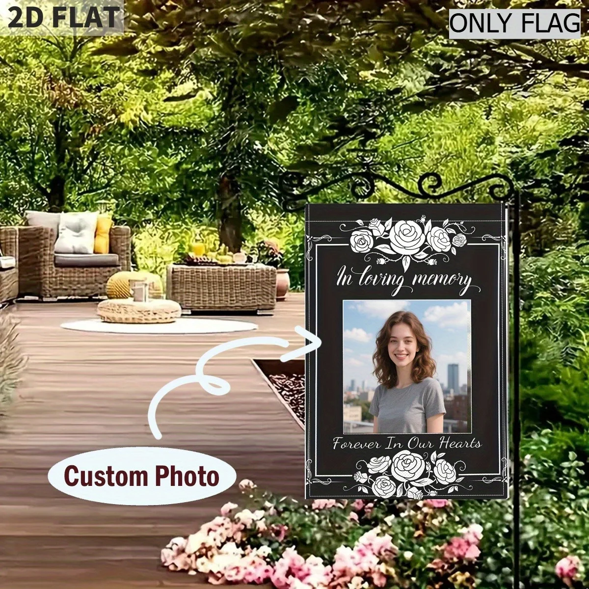 1pc 12x18inch custom memorial flag, cemeteries, yards, lawns. Custom with photos, names, dates, 