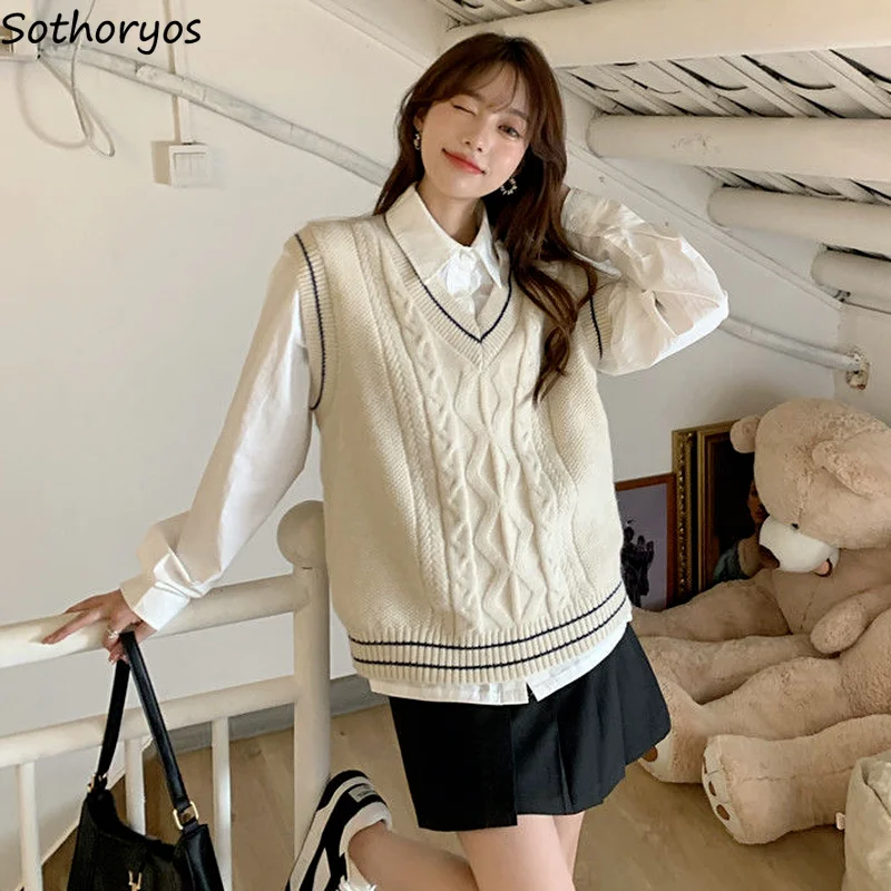 Sweater Vest Women Preppy Knitwear V-neck Loose Japanese JK All-match Retro Gentle Jumpers Sweet Girls Soft Sleeveless Sweaters