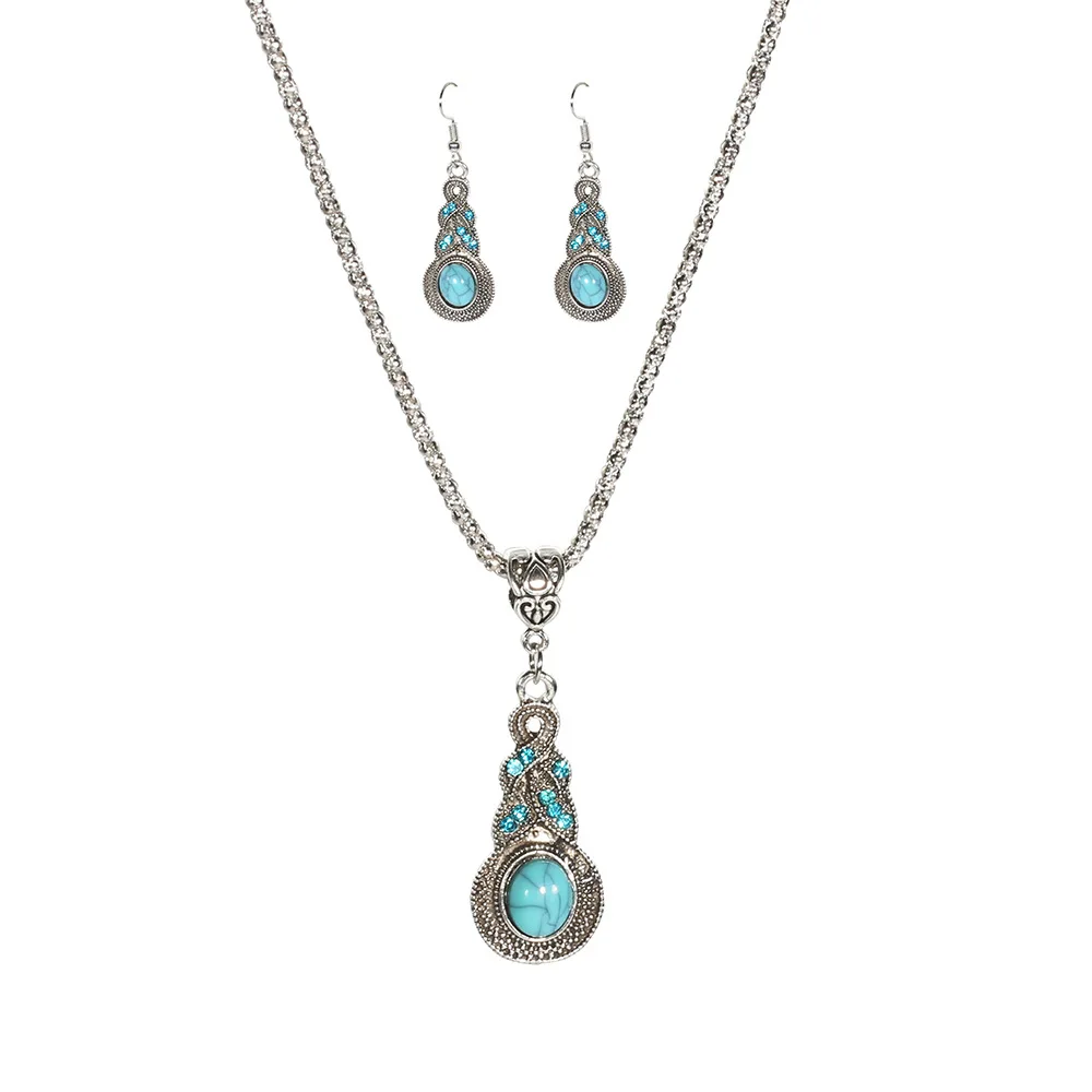 

Vintage Turquoise Blue Crystal Jewelry Set Bohemian Gourd Necklace and Earrings for Women Ethnic Elegant Gift with Retro Pattern
