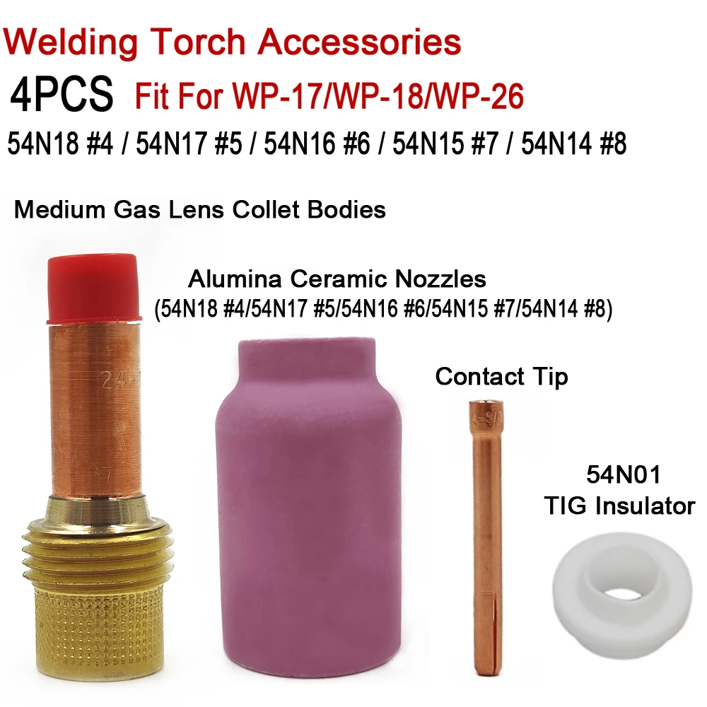 4Pcs TIG Welding Torch 54N18/54N17/54N16/54N15/54N14 Nozzles TIG Collet Body MEDIUM Gas Lens For TIG PTA DB SR WP17 WP18 WP26