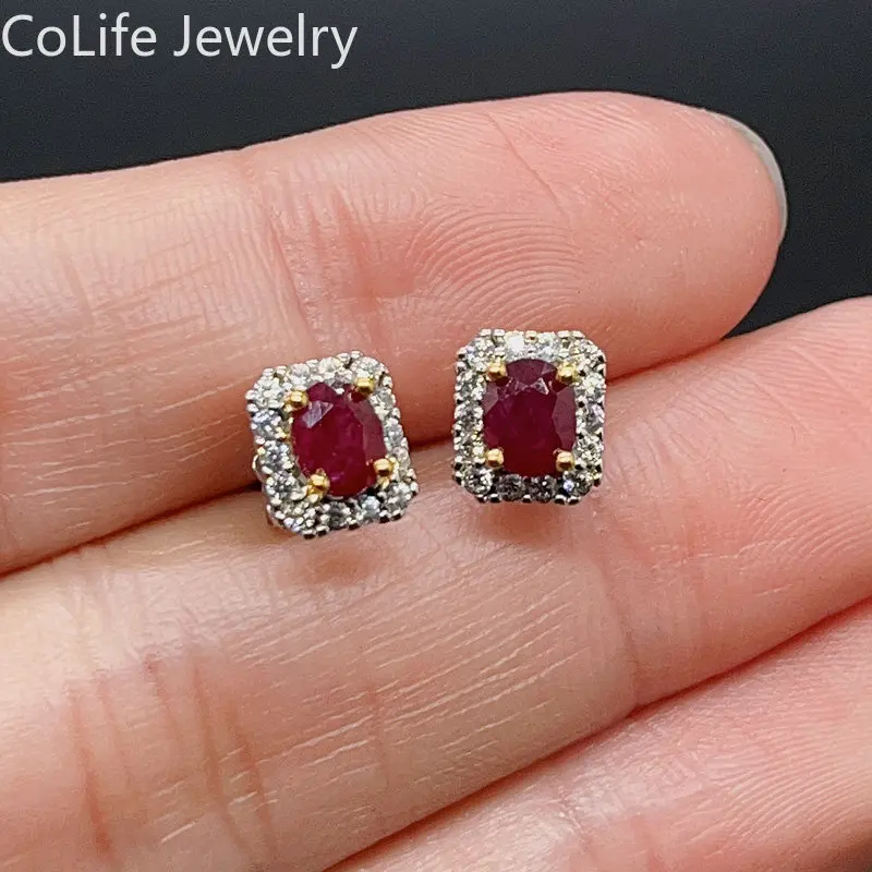 

Total 0.8ct Natural Ruby Stud Earrings 4mm*6mm Myanmar Ruby 925 Silver Jewelry 18K Gold Plating Gemstone Earrings