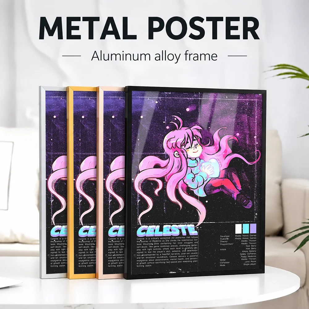 Celeste Game Framed Metal Print Customized Photo Old School Graphic Style Wall Art For Home Office And Study Arcade Lover Gift
