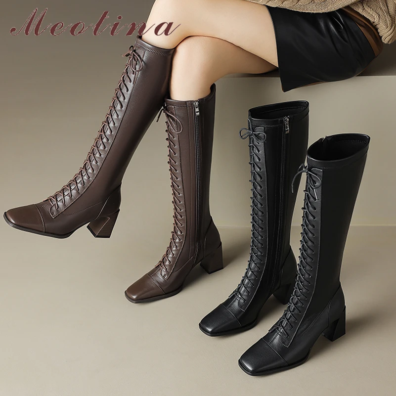 Meotina Women Genuine Leather Knee High Boot Square Toe Thick High Heels Zipper Lace-up Long Boot Ladies Shoes Autumn Winter 40