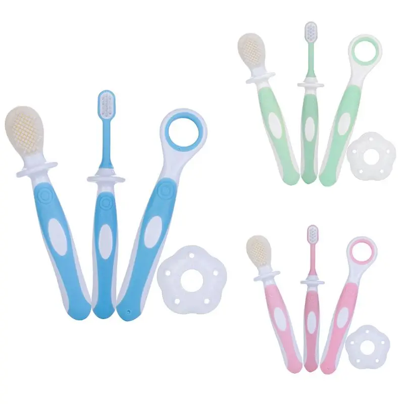 77HD Baby Soft Toothbrush Tongue Cleaner Scraper Nowborn Toothbrush Teething Ring Blue Pink Green Age 0-3 Years Old