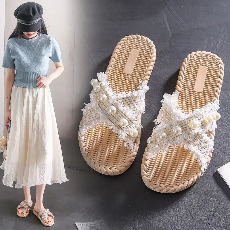 Sandals Flat on Beach Summer Jewels Woman Slippers Pink Low Heel Slides Rhenstone Shoes for Women 2024 Crystals New Collection I