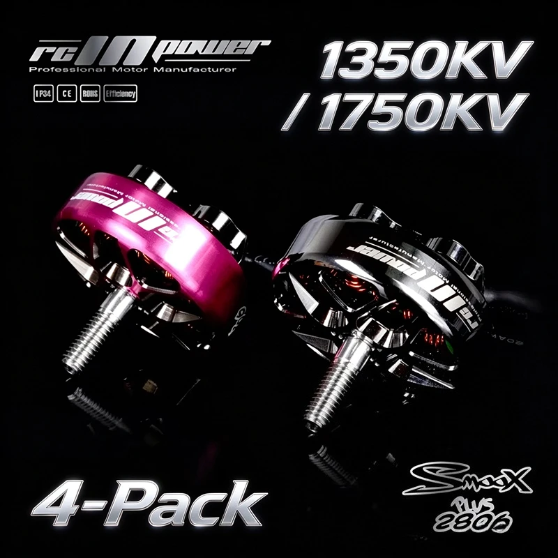 Rcinpower SmooX 2806 Plus Brushless Motor Set 4pcs, Optimized Aerodynamic Rotor, 1350KV Long Range,1750KV Freestyle 6-7