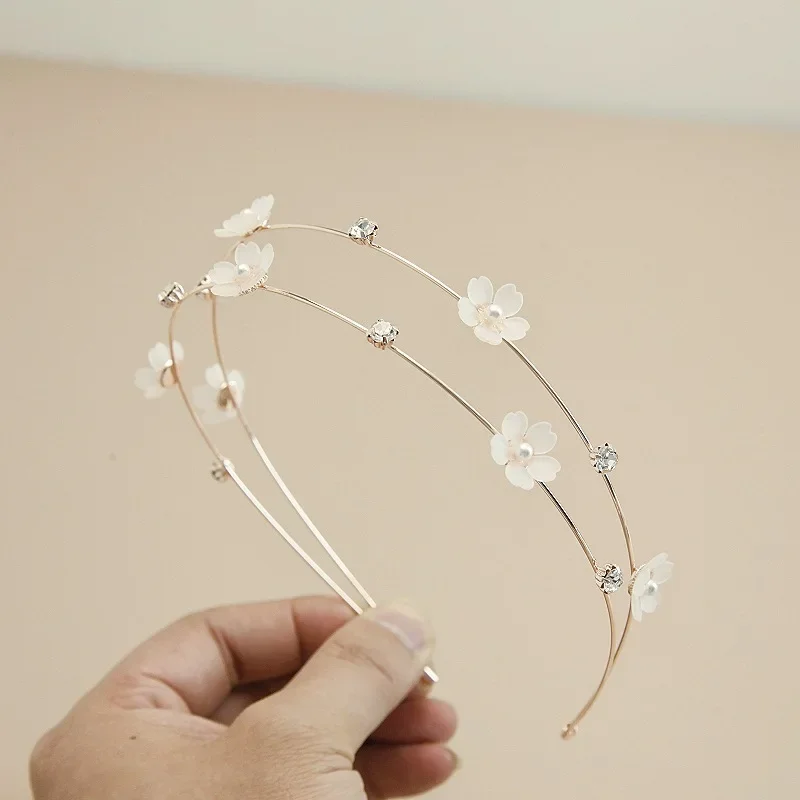 New Double Layer Metal Hairband Flower Pearl Headband for Women Headwear Shiny Rhinestone Hair Band Hoop Hair Accessories