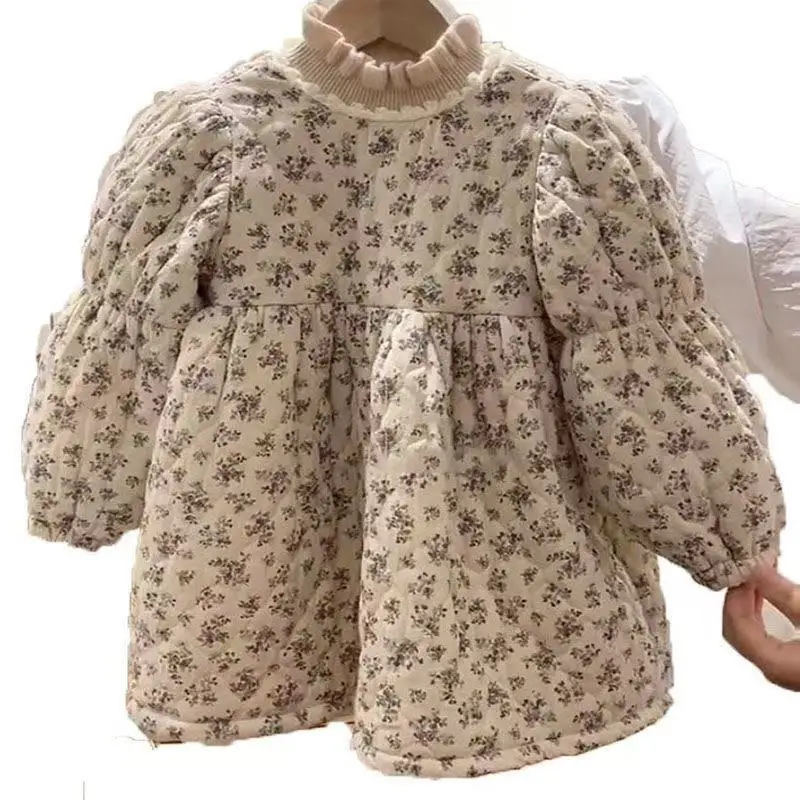

Korean Version Girls' Cotton Padded Dress Autumn and Winter Children's Baby Sweet Floral Thick Princess Dress