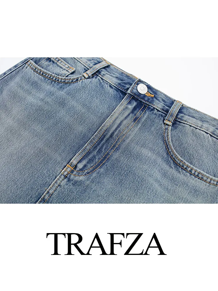 Trafza กระโปรงยีนส์มีซิปสำหรับแฟชั่นสำหรับผู้หญิง, กระโปรงเอวสูงบางกระโปรงลายสก็อตย้อนยุคของผู้หญิงกระโปรงไฮสตรีทเทรนไฮทราฟฤดูร้อน