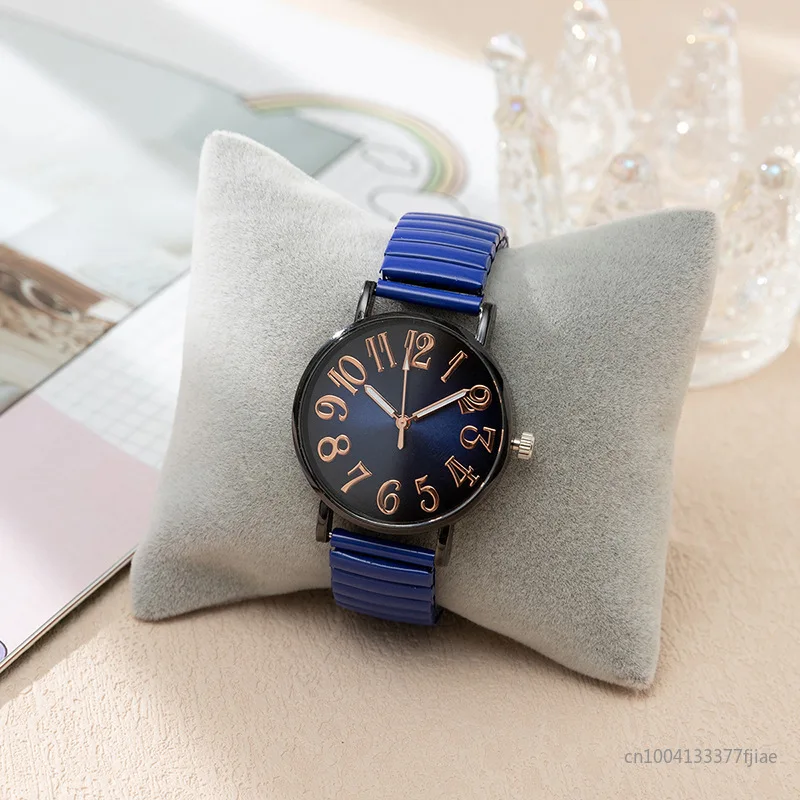 Luxury Simple Digital Blue Ladies Quartz Watch Fashion 2024 New Brand Stretch Stainless Steel No Buckle Women Clock Watches