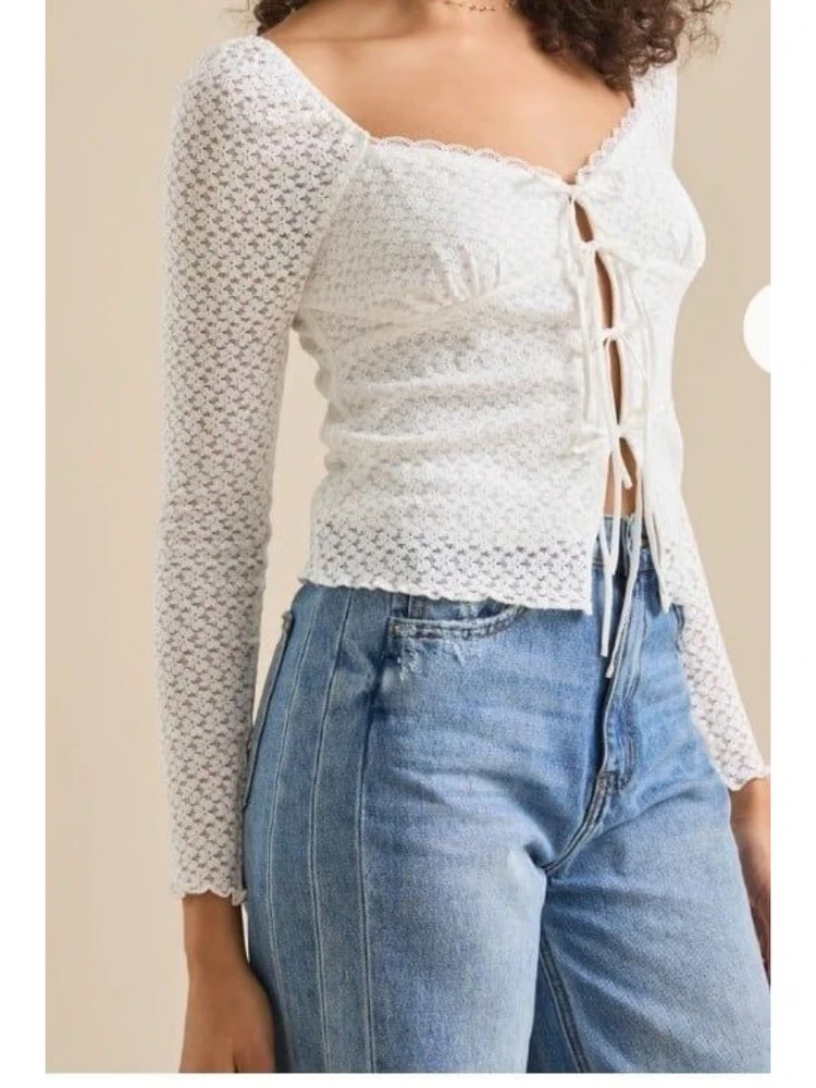

Elegant Lace Long Sleeve Top with Bow Tie Hollow out Sensual Pure Desire Style Women's Fashion Spring Summer Breathable