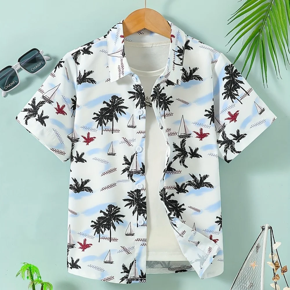 Hawaiianisches Kinderhemd, Kokosnussbaum-Muster, bedruckt, kurzärmeliges Kinderhemd, Urlaub, Meer, Oberteile, Outdoor-Kinderkleidung