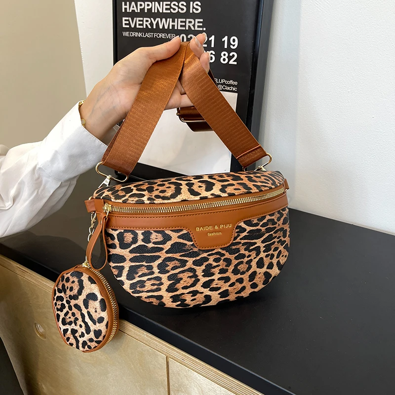 Bolsa tiracolo com estampa leopardo PU para mulheres, versátil bolsa de ombro de alta qualidade, casual, zíper, unissex, peito