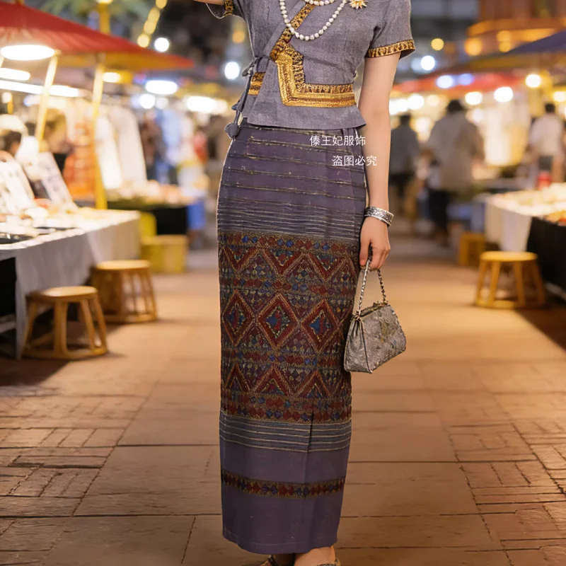 Chinese Dai Spring/Summer Women's Set Micro Elastic Breathable Short Sleeve Weaving Tube Skirt