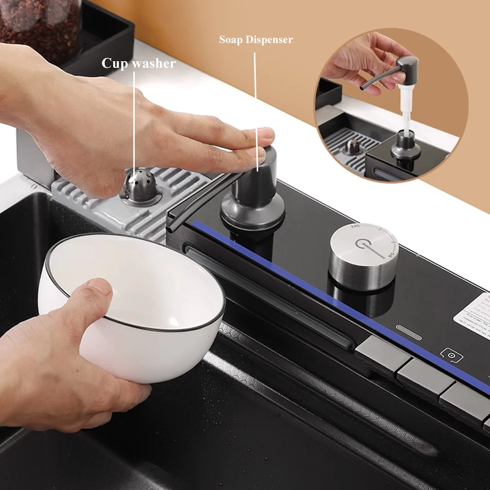 حوض شلال للمطبخ من الفولاذ المقاوم للصدأ ، شاشة رقمية ، حوض كبير للطبق الواحد ، شلال يعمل باللمس متعدد الوظائف ،