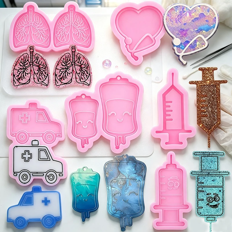Medical Series Silicone Mold Lung Ambulance Syringe Heart Stethoscope Keychain Pendant Jewelry Mold Cake Decoating