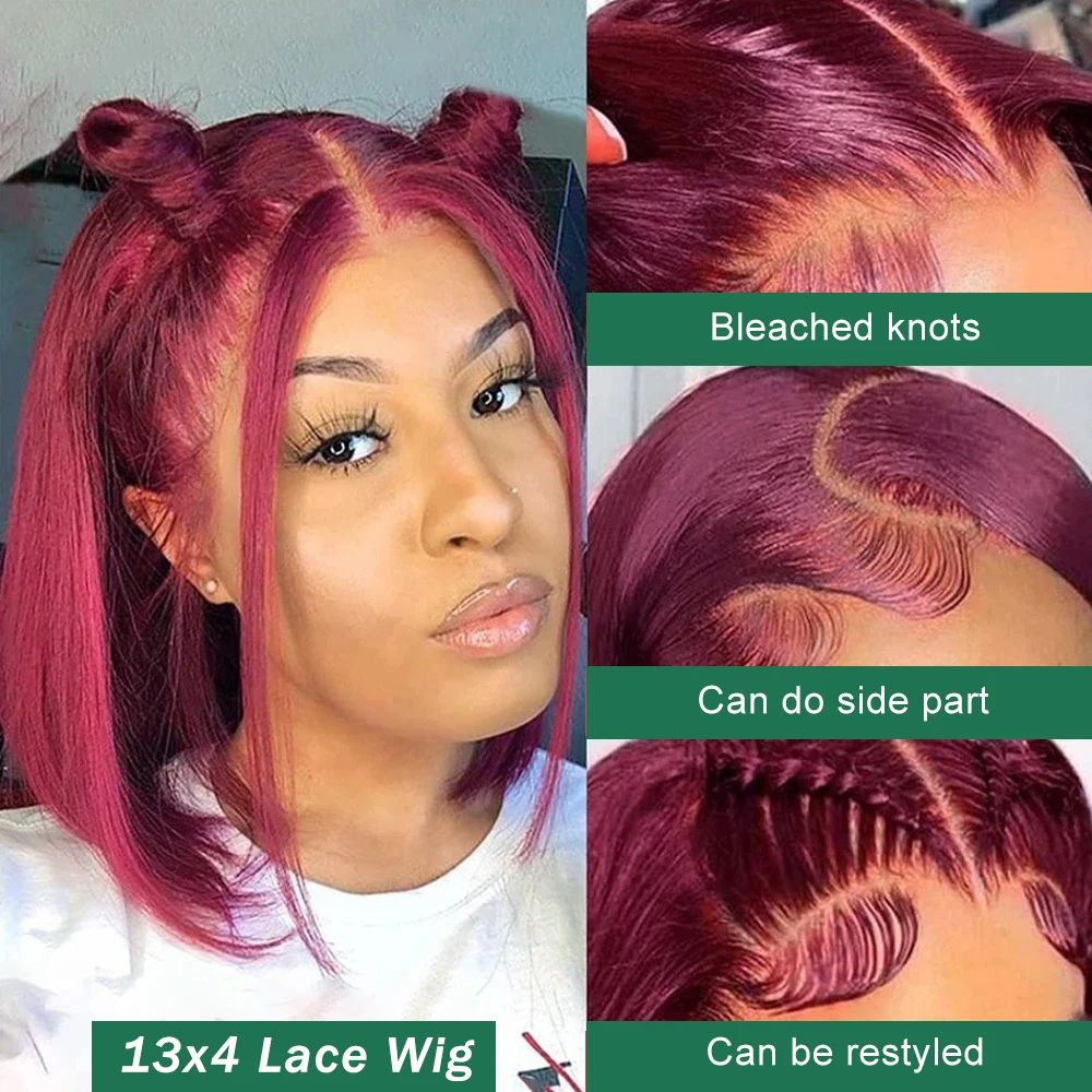 99J Burgundy Bob Lace Front Wig Human Hair 13X4 Straight Red Colored Lace Frontal Human Hair Wigs for Women Lace Front Wig