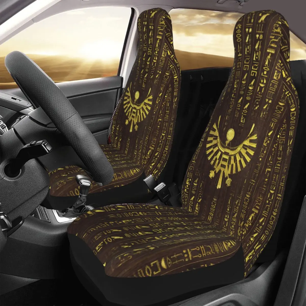 Golden Egyptian Horus Falcon And Hieroglyphics On Wood Car Seat Cover Custom Universal Front Protector Accessories Cushion Set