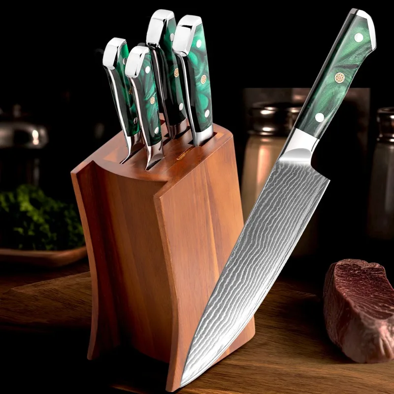 

Damascus Chef Knife Set Resin Handle Household Sharp Meat Cleaver Kitchen Knives Japanese Santoku Knife Butcher's Boning Knife