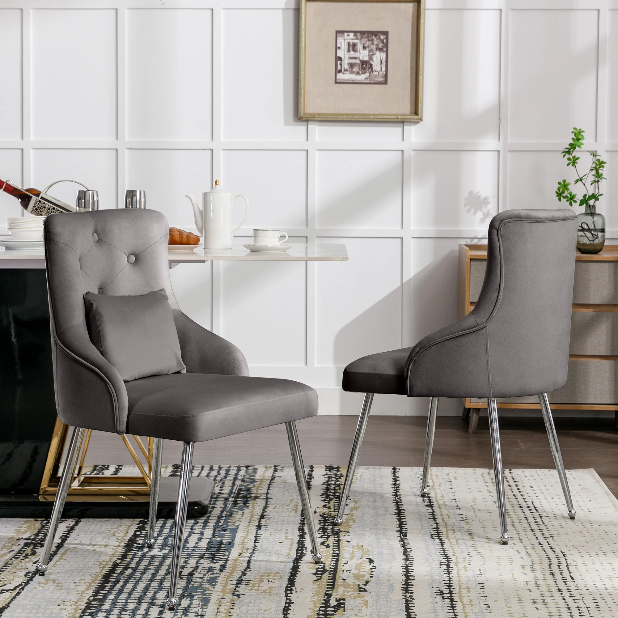 VSOGA 4-set Button Pattern Dining Chair Upholstered armchair Metal-legs chairs Modern Lounge armchair Bedroom Living Room Chair with Lumbar Pillow Grey