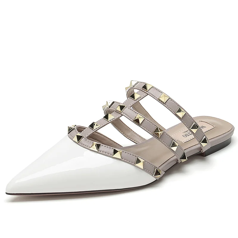 Baotou Half Slippers for Women Outerwear 2023 Spring/Summer Fashion Rivet Flat Bottom Pointed Soft Bottom Mesh Red Half Baotou