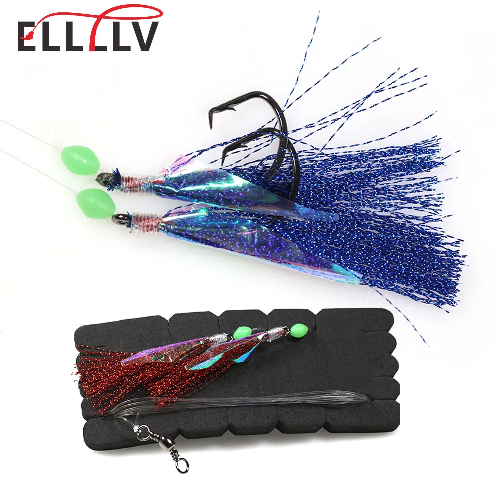 Elllv 2 Packs Saltwater Fishing Flasher Rigs 5/0 Circel Hook with Foam Board Holder Red Blue Sabiki Rigs For Sea Fishing