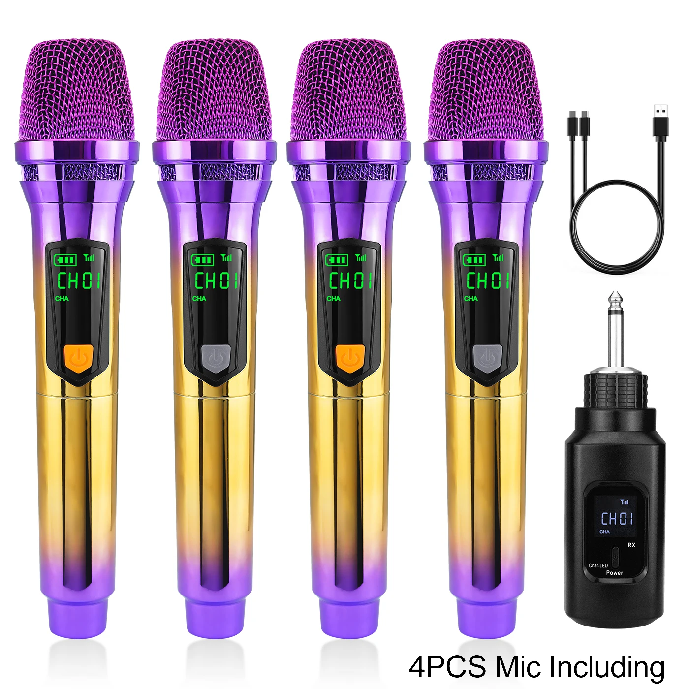 4pc Wireless Handheld Cordless Microphone System Karaoke Microphones for Singing, Wedding, DJ, Party, Speech, Church