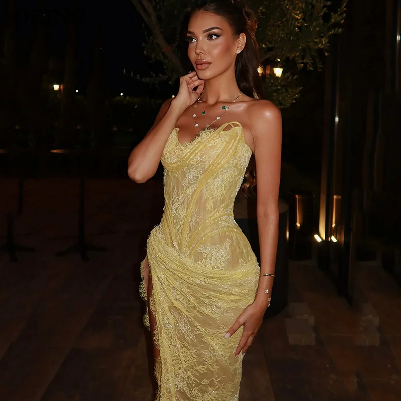

OEING Yellow Mermaid Lace Embroidery Prom Dresses Sequins Sleeveless vestidos de noiva Side High Split Evening Dress Customized