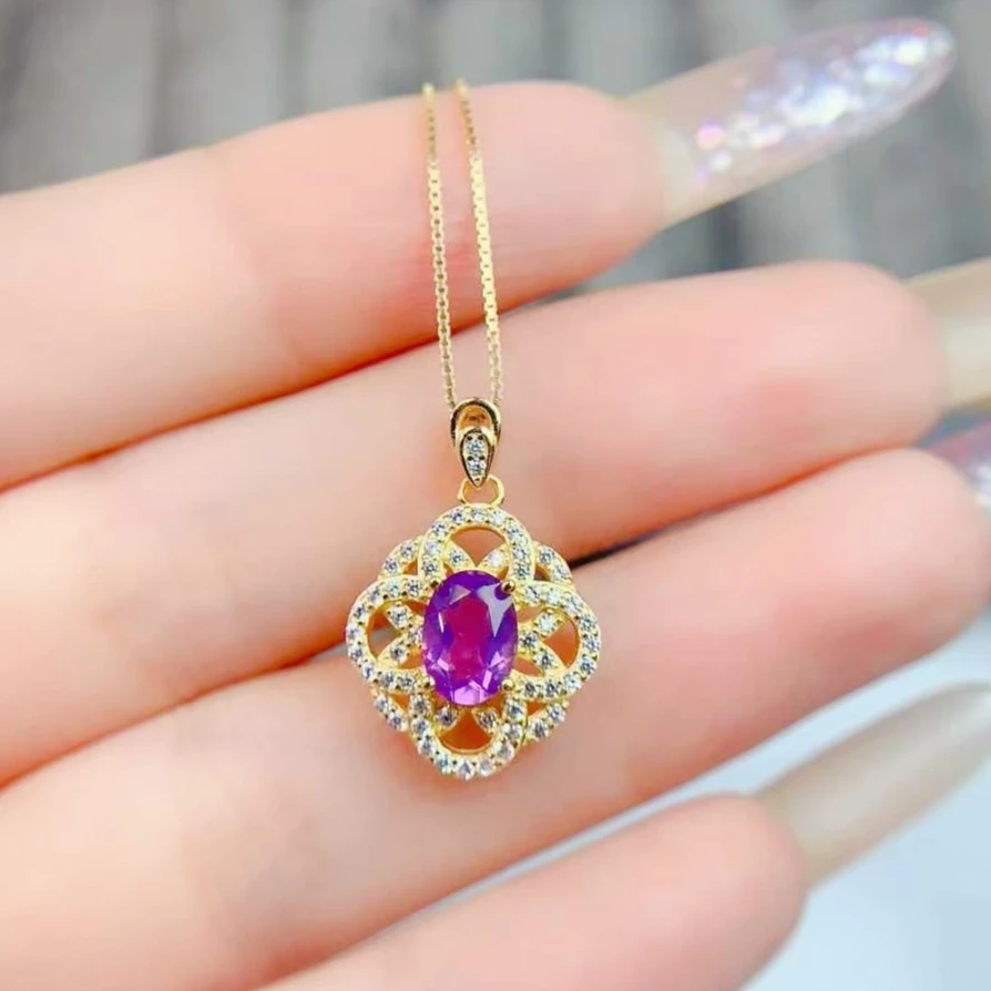 

Sterling Silver Natural Amethyst Pendant Solid 925 Silver Crystal Pendant for Women 5mm*7mm 0.7ct Genuine Amethyst Necklace