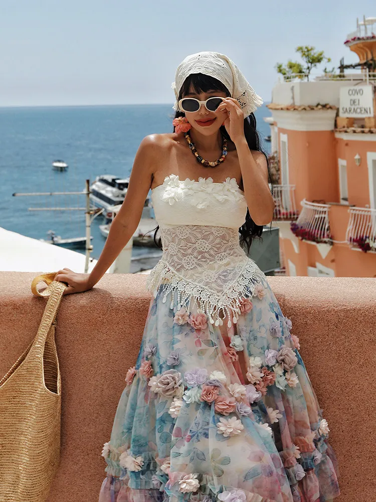 

TIYIHAILEY Summer New Tops For Women Sleeveless Tees Thin Tassels Sexy Ladies 2026 New Beige 3D Flowers Lace Strench Laides S-L