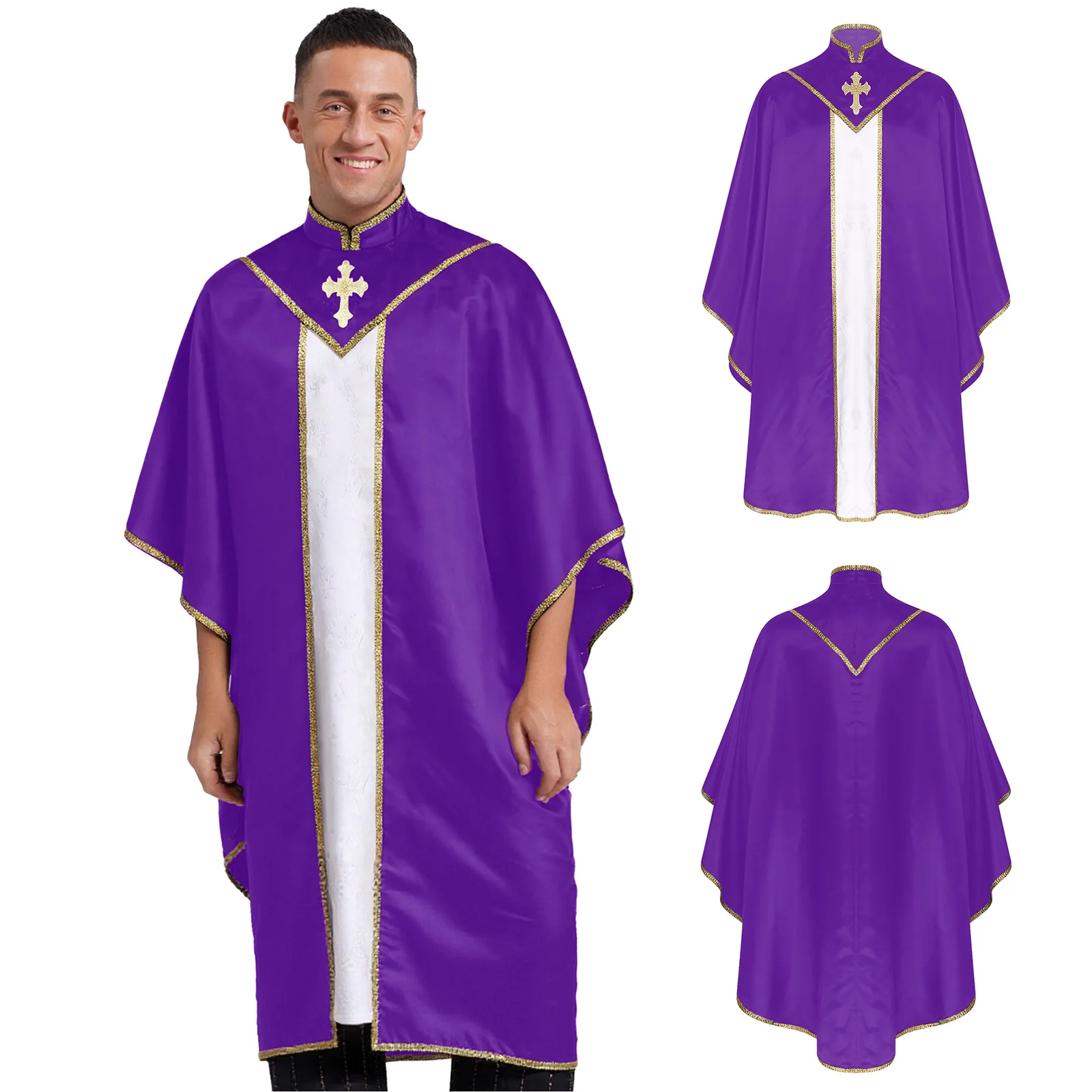 

Men's Church Festival Pastor Priest Robes Cross Embroidered Jesus Cape Chasuble Cassock for Clergy Halloween Cosplay Cloaks