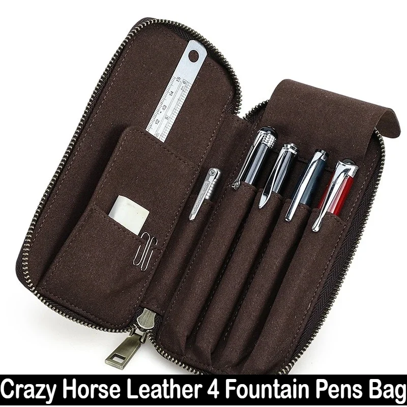 10/1 PCS Vintage Style Crazy Horse Leather Pen Case 4 Fountain Pens Handmade Zipper Genuine Leather Pencil Bag School Stationery