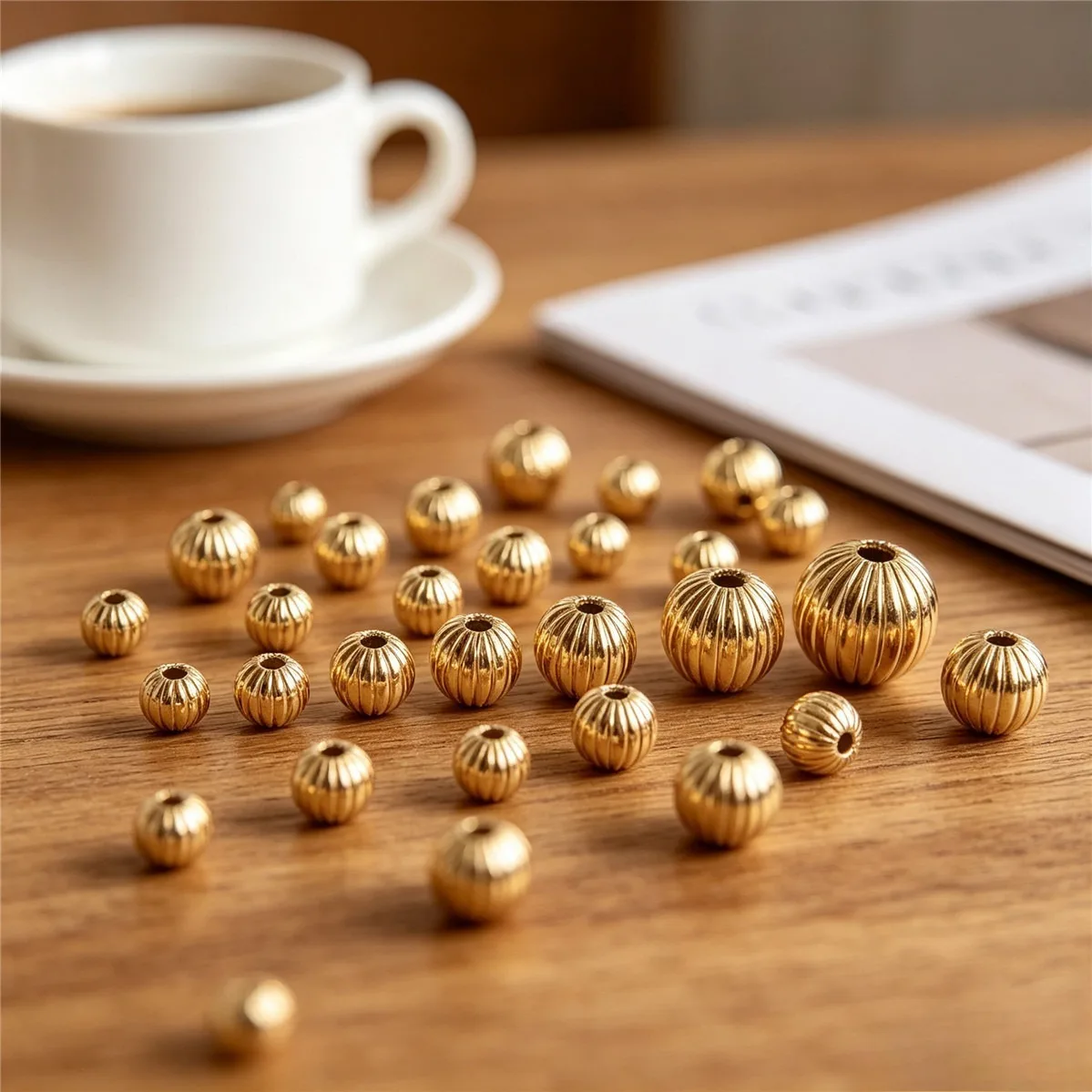 Brass 14K Gold Plated Lantern Watermelon Pumpkin Textured Spacer Beads DIY Bracelet Necklace Jewelry Findings