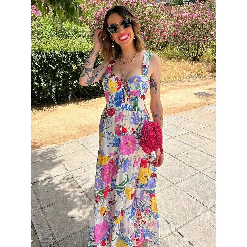 Robe élégante à bretelles imprimées pour femmes, décontractée, sans manches, dos nu, trapèze, 600, mode d'été, vacances à la plage, 2024