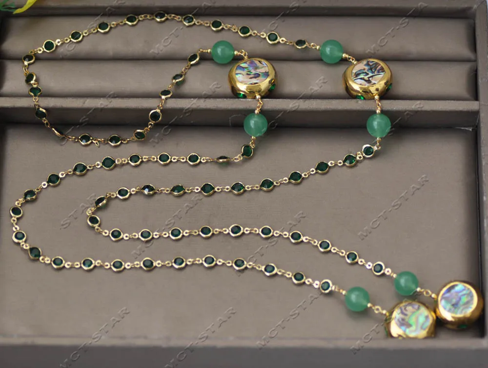 Z13447 47\'\' 25mm Peacock Abalone Shell Egg Green Jasper CZ Chain Necklace Pendant Custom Jewelry