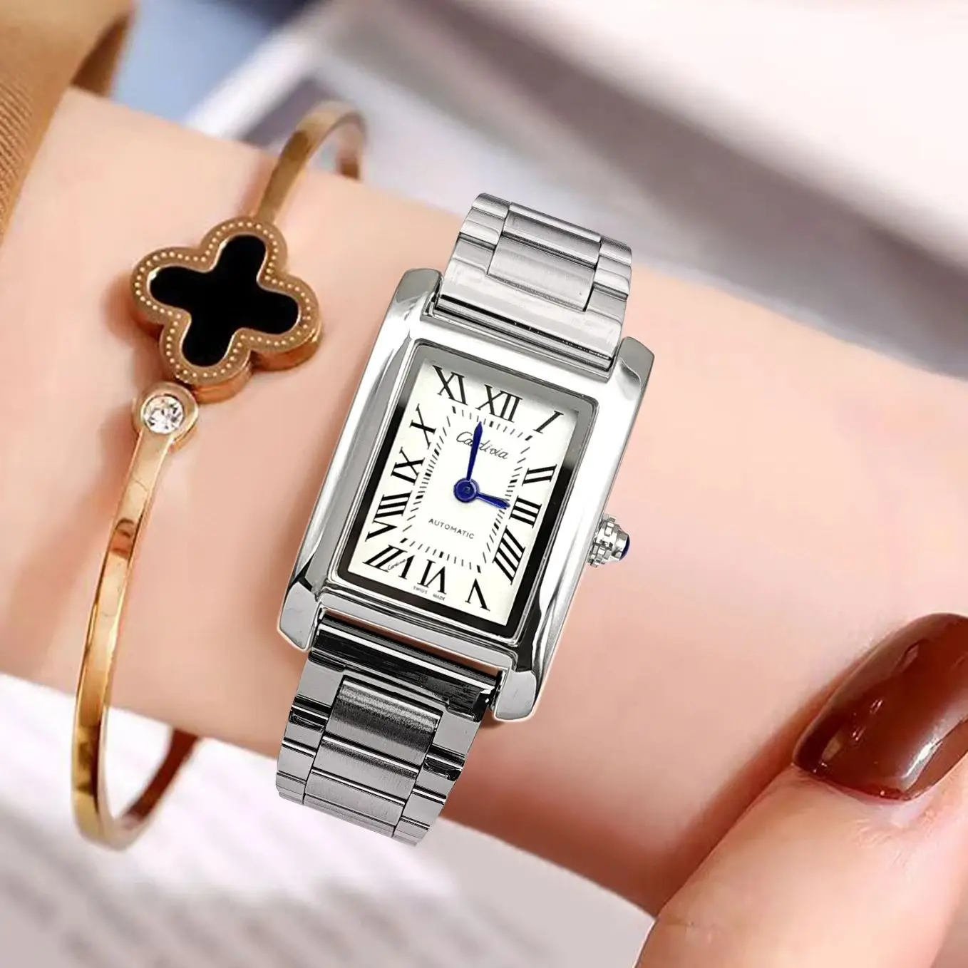 ساعة نسائية أنيقة من سلسلة Santos Tank الفاخرة، ساعة عصرية كاجوال بسيطة وأنيقة ومضادة للماء للنساء، طراز Ins، هدية عيد الحب