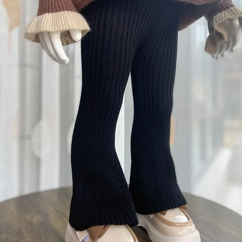 Children Clothing 2023 New Spring and Autumn Pants Girl Knitted Bell Bottoms Korean Style Baby Solid Color Wool Elastic Leggings